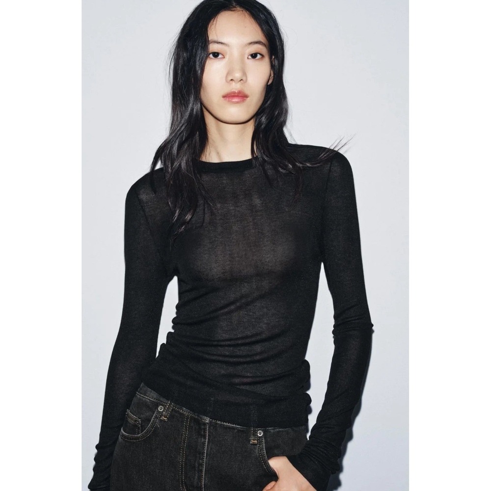 Zara Black Sheer Mesh Long Sleeve Top Womens Size Small Witchy Goth
